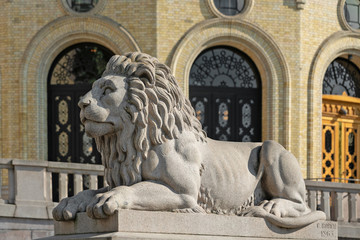 Oslo, Norway: Lion sculpture near Oslo Parliament (The Storting building or Stortingsbygningen).