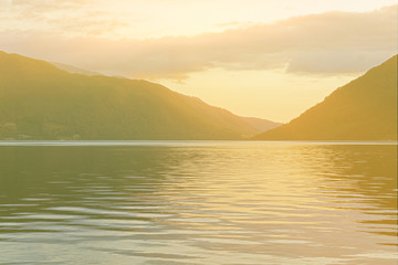 Norwegian fjords sea mountain sunset view, Norway
