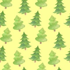 Watercolor fir seamless pattern. Hand drawn evergreen plants isolated on yellow background. Spruce backdrop for decoration, Christmas design, cards, kids illustration, wrapping paper.