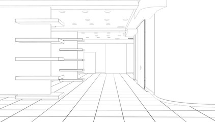 empty pavilion, contour visualization, 3D illustration, sketch, outline