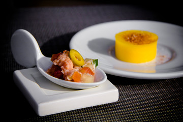 Modern tuna fish ceviche salad and orange gelee