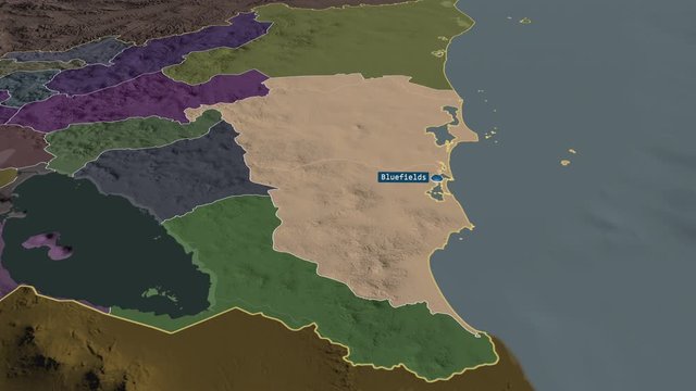 Atl&aacute;ntico Sur - autonomous region of Nicaragua with its capital zoomed on the administrative map of the globe. Animation 3D