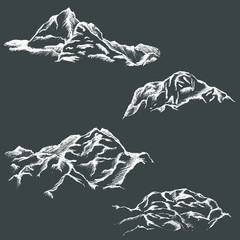 Mountain sketches vector set, hand drawn mountains pencil sketch.