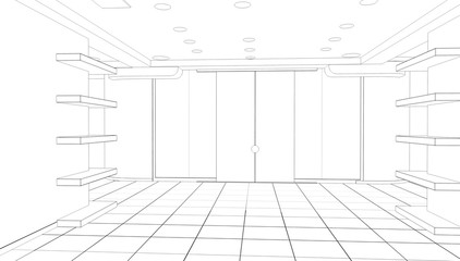 empty pavilion, contour visualization, 3D illustration, sketch, outline