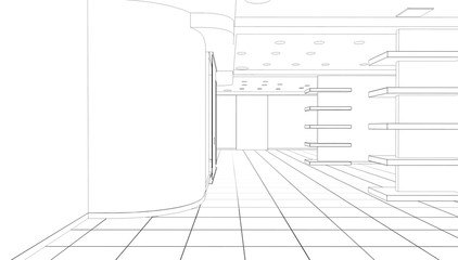 empty pavilion, contour visualization, 3D illustration, sketch, outline