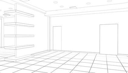 empty pavilion, contour visualization, 3D illustration, sketch, outline