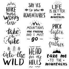 Set of quotes related to travel in mountains, camping and hiking