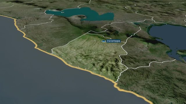 Carazo - department of Nicaragua with its capital zoomed on the satellite map of the globe. Animation 3D