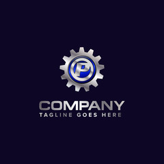 Letter P gear vector template logo. This Design is suitable for technology, industrial or automotive. Gradient. Gray.