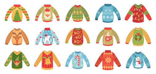 Cartoon christmas party jumpers. Xmas holidays ugly sweaters, knitted winter jumper and funny Santa sweater. Seasonal december 2020 holiday cozy clothing. Isolated vector icons set