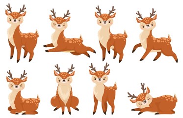 Cute cartoon deer. Running reindeer, wildlife fawn and deers child. Xmas reindeer character or wildlife forest deer mammal. Isolated vector illustration icons set