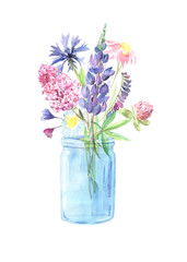 Watercolor hand painted wildflowers, field plants