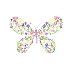 Watercolor butterfly with wild flowers