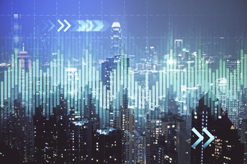 Double exposure of forex chart drawings over cityscape background. Concept of success.