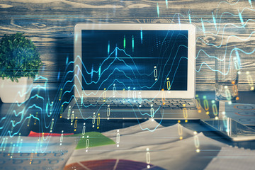 Multi exposure of forex graph and work space with computer. Concept of international online trading.