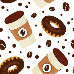 Seamless pattern with chocolate donuts and coffee in plastic cups for fabric, wallpaper, textile, web design. Isolated on white.