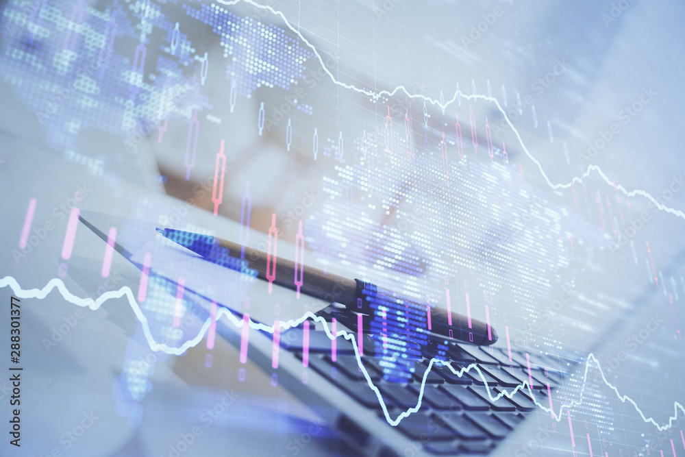 Poster stock market graph on background with desk and personal computer. double exposure. concept of financ