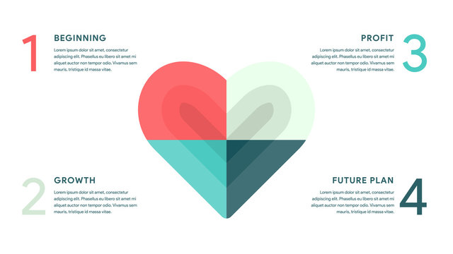 Vector Heart for Business infographics concept with 4 options, parts, steps, processes. 16x9 slide clean white template