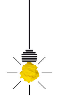 Lampe mit Kabel, Fassung und Glühbirne als zerknülltes Papier in gelb