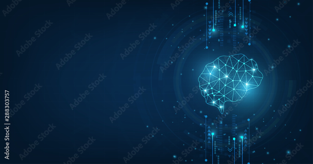 Poster technology concept.vector abstract polygonal human brain shape of an artificial intelligence with li