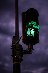 a pedestrian traffic light with green sign illuminated showing two girls holding hands
