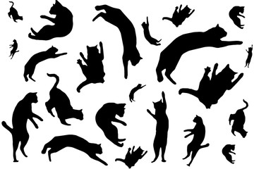 Vector sketch of a funny happy ginger silhouette cat flying and dancing on an isolated white background