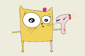 Sketch drawn in vector: cat woman removes hair and hairy legs with a laser epilator in her hands. Illustration before, after