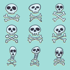 Vector Set of Cartoon Pirate Logos. Skull and Crossbones Sign on Blue Background.