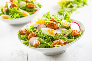Salad with mixed ingredients pieces of chicken breast egg radish and olive oil