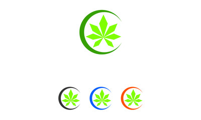 Modern Cannabis Leaf Logo Design: Green, Black, Blue, Orange Variations on White Background