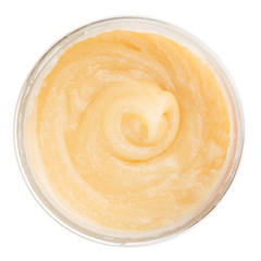 Top view of the jar of raw whipped wildflower honey
