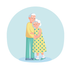 Couple old senior man and woman stand with love hugging each other. Grey haired elderly people together cartoon vector isolated on light background. Lovers grandmother and grandfather together