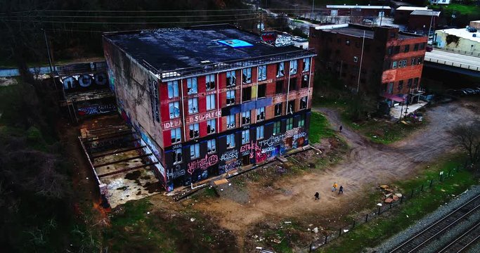 Aerial view of run-down buildings in Riverside Industrial district, Asheville, North Carolina