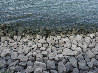 blue water surface with rocks background
