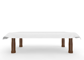 A rectangular wooden table with a white tablecloth. There is room for Your design. Isolated white background