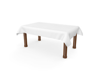 A rectangular wooden table with a white tablecloth. There is room for Your design. Isolated white background