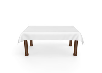 A rectangular wooden table with a white tablecloth. There is room for Your design. Isolated white background