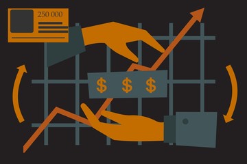 Simplified image of hands transferring money on the background of a graph, sales and financial transactions on the Internet. Online payment transactions.