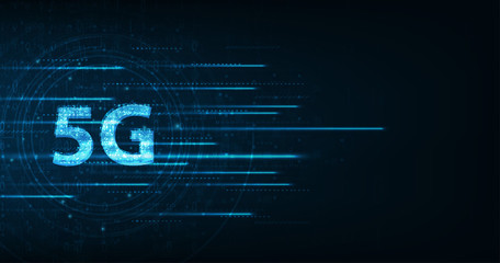Global network high speed innovation connection data rate,vector creative glowing 5G on dark blue color background.