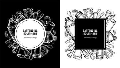Bartending label set. Poster or template for menu. Handdrawn sketch. Area for text