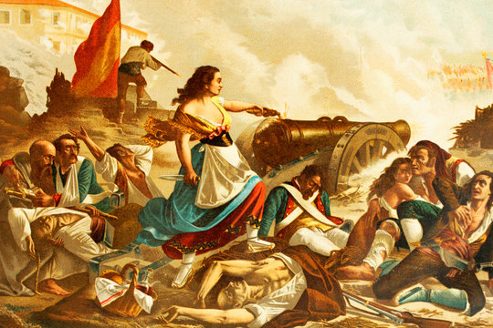 Agustina Saragossa. 1786-1857. Heroine of defense of city of Zaragoza. France-Spain war. She fires a gun against French soldiers during the first siege of Zaragoza, Spain. Antique illustration. 1897.