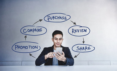 Customer Journey and Experience Concept. Happy Businessman Using Smartphone in Office, Surrounded...