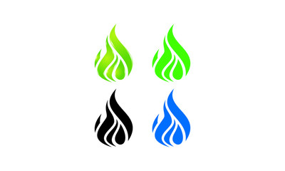 Four stylized flame icons in green black and blue on white background Oil, gas and energy logo concept, 