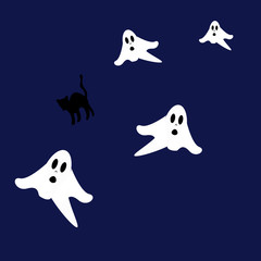 Fototapeta premium Halloween 2019 on blue background. Cat, Ghost. Eps10