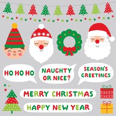 Christmas cartoon characters, vector icons and decoration set