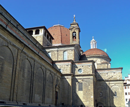 Basilica di San Lorenzo in Florence, Italy. Renaissance church building with famous Medici Chapel (Medici family crypt) and old library building which houses the design and art of Michelangelo.