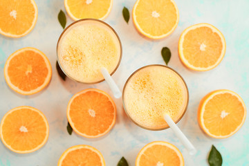 orange juice in glass, top view. Flat lay