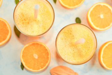 orange juice in glass, top view. Flat lay