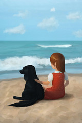 Girl sitting on the beach with her dog watching the sea, digital painting