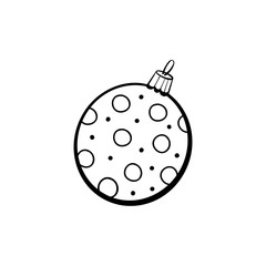 Round christmas toy hand drawn vector illustration. Fir tree decorative accessory monochrome drawing. Fragile glass ball with dotted texture colouring picture. Winter holiday, xmas celebration symbol